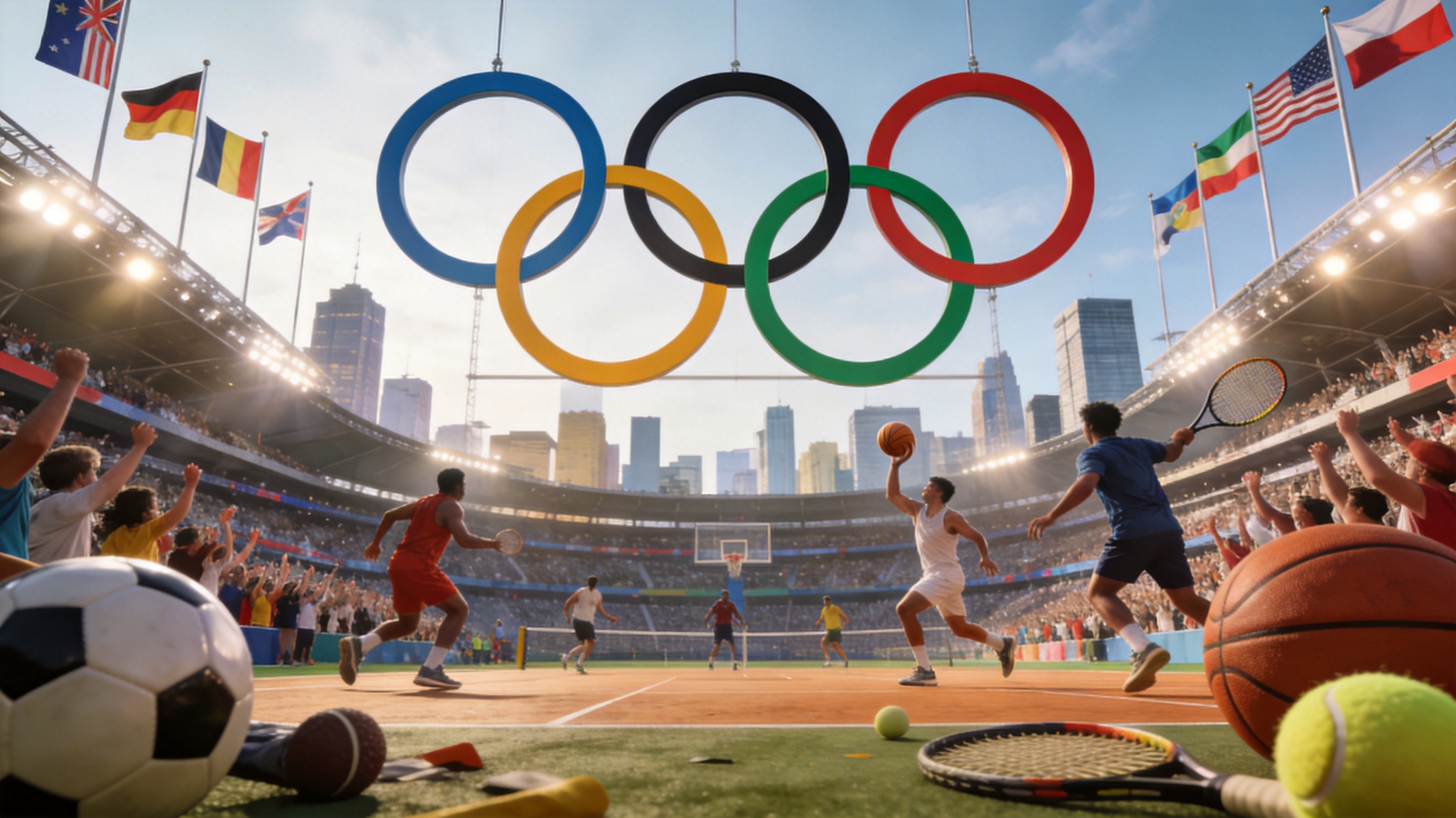 奥林匹克五环标志，象征全球体育盛会的团结与激情